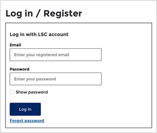 Screenshot of the Long Service Corporation login screen showing fields for email and password, a checkbox to show the password, and buttons for ‘Log in’ and ‘Forgot password’.